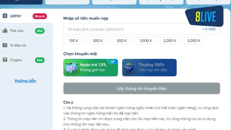 Nạp Tiền 8Live | Hướng Dẫn Thao Tác Nhanh Chóng Và An Toàn 3 Hướng dẫn các bước nạp thưởng vào ví bằng QRPAY
