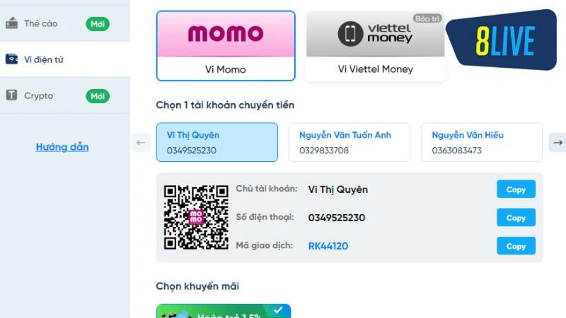 Nạp Tiền 8Live | Hướng Dẫn Thao Tác Nhanh Chóng Và An Toàn 4 Hướng dẫn nạp tiền qua phương thức ví điện tử đơn giản