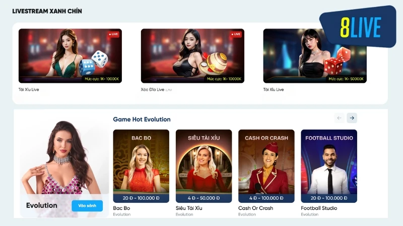 Trải Nghiệm Casino 8Live | Chơi Xanh Chín - Thắng Đậm Tay 2 Sảnh Live Casino chân thực, kết quả công bằng